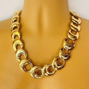 Vintage Crown Trifari Collar Necklace Wide Shiny Gold Tone Links on Chain 4105